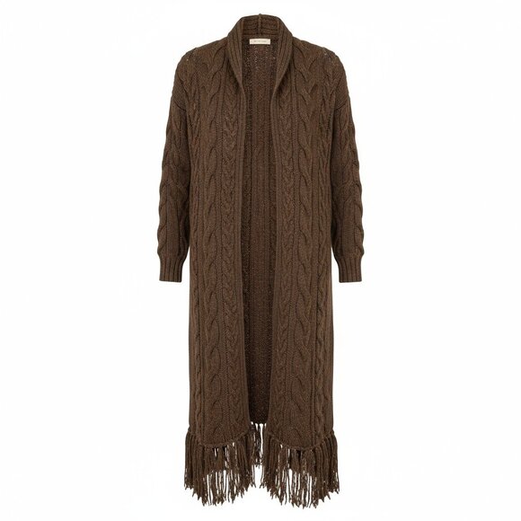 Long Brown Cable Knit Sweater Coat/Duster with Fringe Hem - Picture 1 of 9